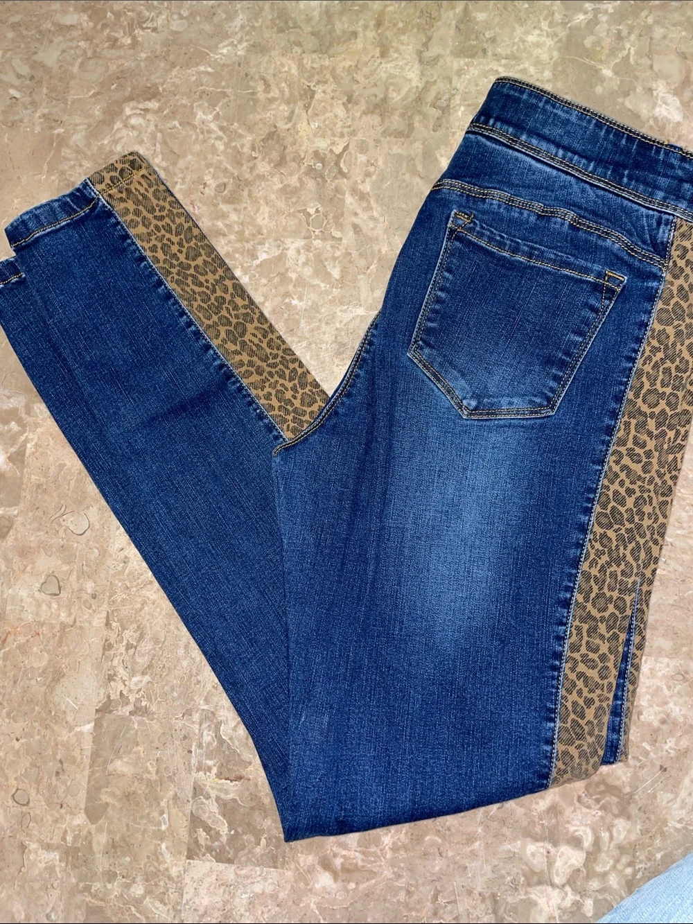 Coco + Carmen Dark Blue Skinny Jeans with Leopard Side Stripe